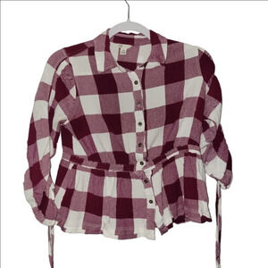 Cato Red And White Collared Blouse Medium Button Up Drawstring